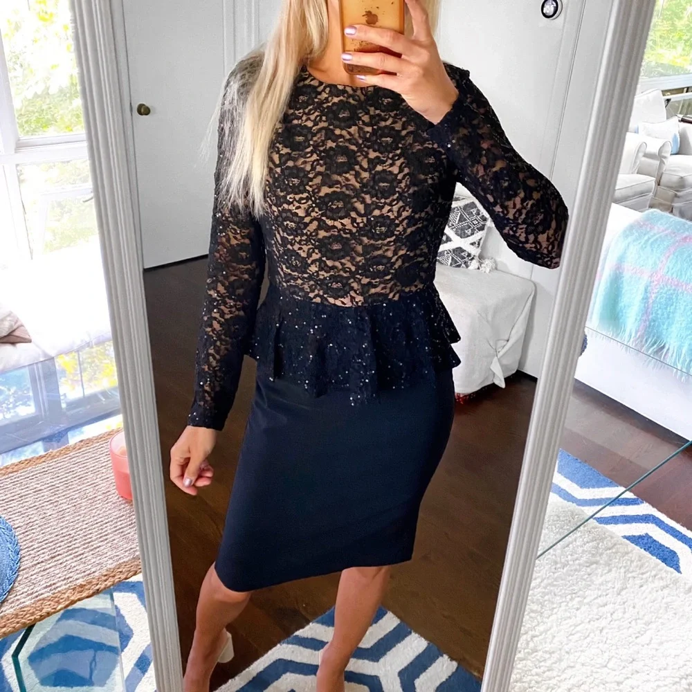 Four Flavor Dresses | 4F Four Flavor Black Lace Sequin Peplum Bodycon Evening Dress! | Color: Black | Size: 8 | Martus's Closet